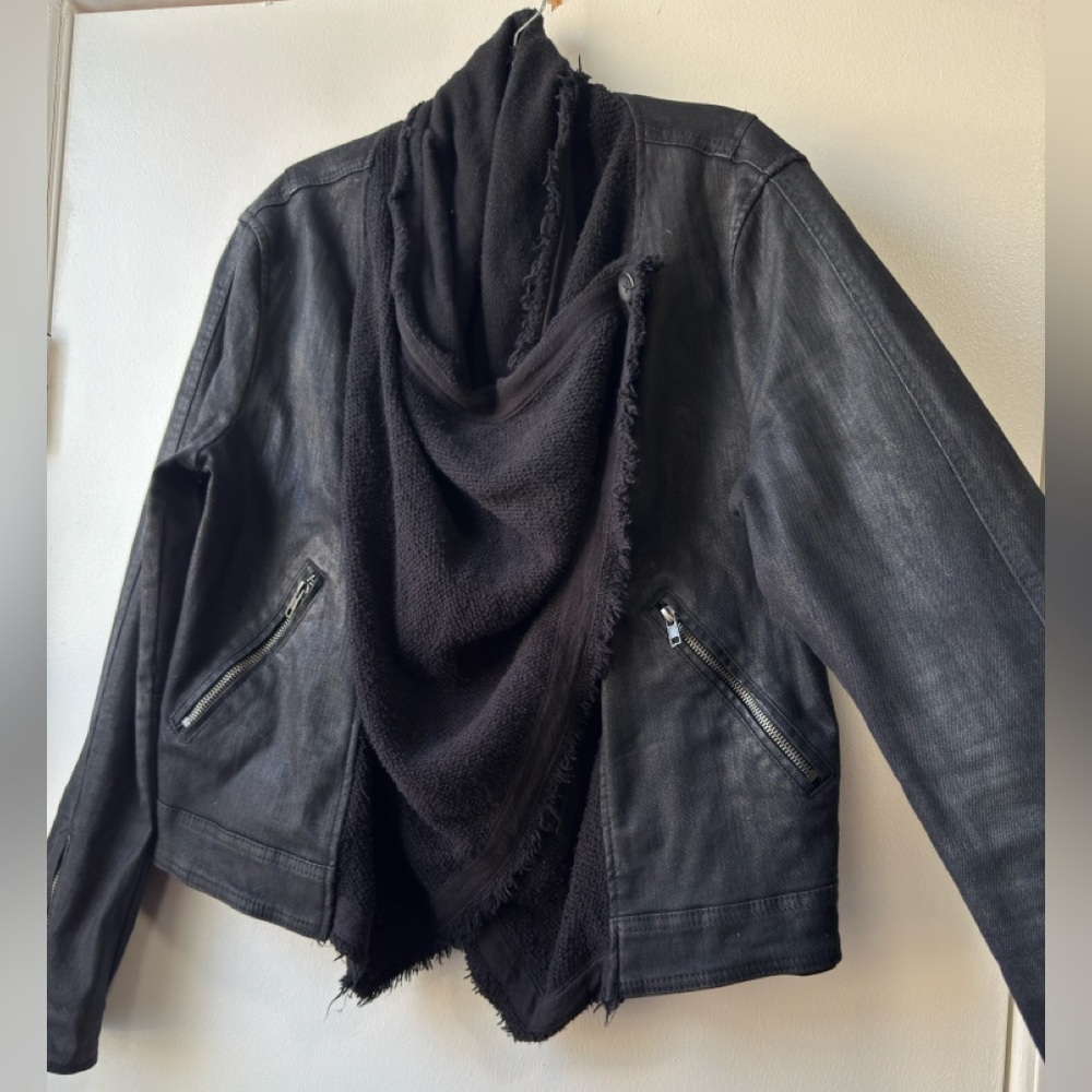 Free People Drape Front Coated Denim Moto Mixed Media Black Leather Jacket Sz 12 - Picture 9 of 11